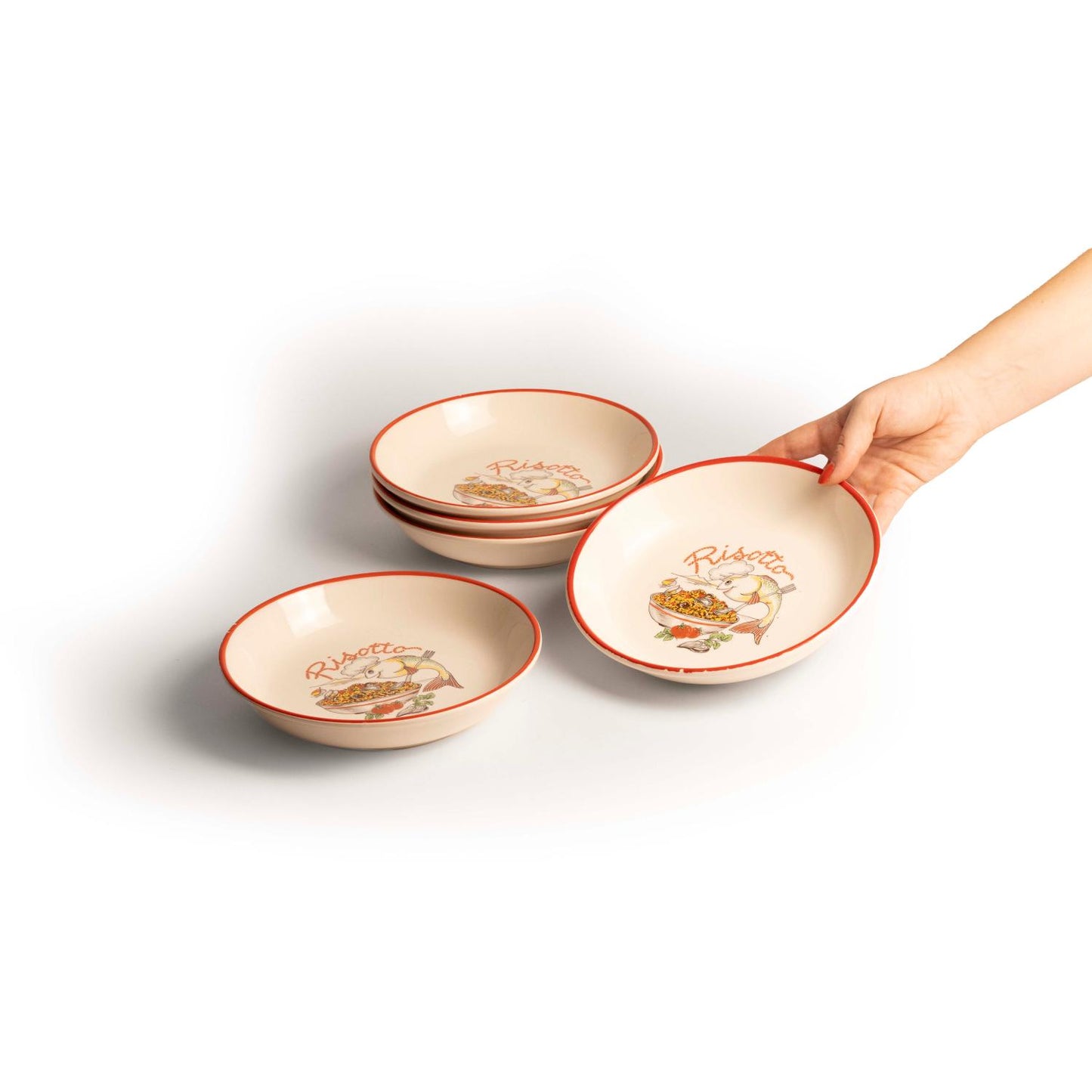 novelty red rimmed risotto bowls - set of five